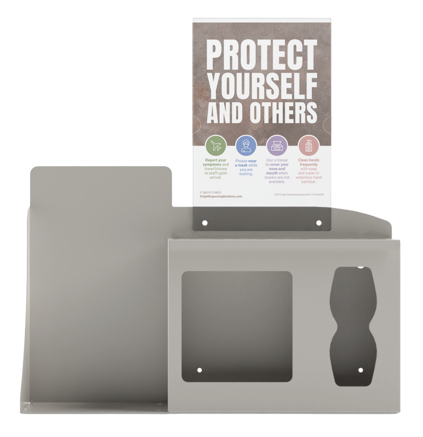 Respiratory Hygiene Station. Beige Metal, Flu Station, 3 sections with a sign holder. Unit empty. Front facing. Sign holder with a "PROTECT YOURSELF AND OTHERS" sign inside.

