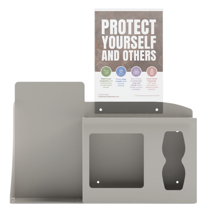 Respiratory Hygiene Station. Beige Metal, Flu Station, 3 sections with a sign holder. Unit empty. Front facing. Sign holder with a "PROTECT YOURSELF AND OTHERS" sign inside.

