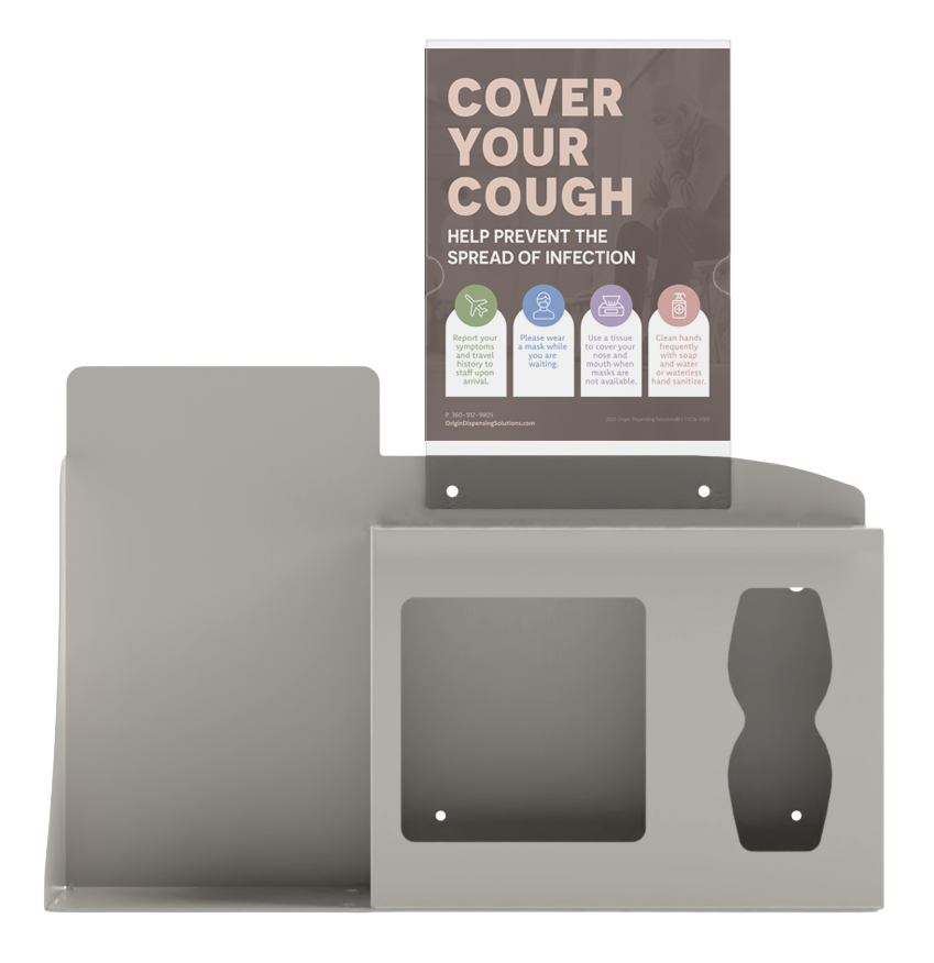 Respiratory Hygiene Station. Beige Metal, Flu Station, 3 sections with a sign holder. Unit empty. Front facing.  Sign holder in place, showing a "Cover Your Cough" sign inside.