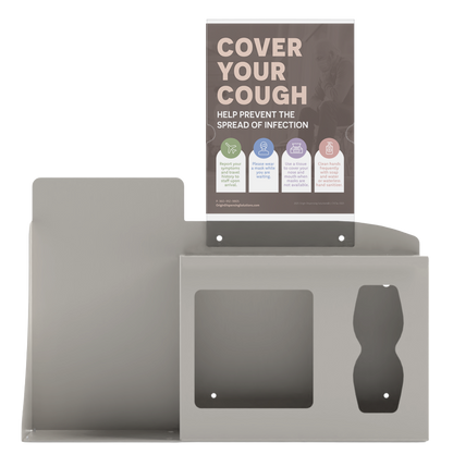 Respiratory Hygiene Station. Beige Metal, Flu Station, 3 sections with a sign holder. Unit empty. Front facing.  Sign holder in place, showing a "Cover Your Cough" sign inside.