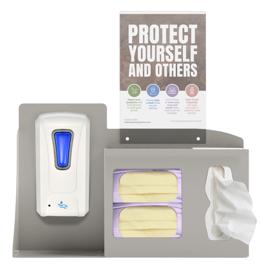 Respiratory Hygiene Station. Beige Metal, Flu Station, 3 sections with a sign holder. Unit full, and front facing, showing one hand sanitizer dispenser, 2 boxes of earloop facemasks and one box of tissues. Sign holder holds a "Protect yourself and others" inside.