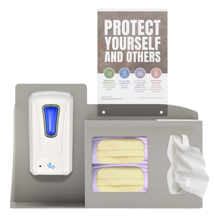 Respiratory Hygiene Station. Beige Metal, Flu Station, 3 sections with a sign holder. Unit full, and front facing, showing one hand sanitizer dispenser, 2 boxes of earloop facemasks and one box of tissues. Sign holder holds a "Protect yourself and others" inside.