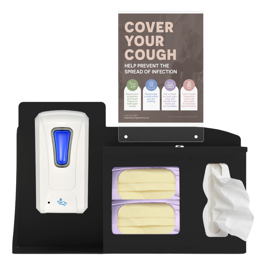 Respiratory Hygiene Station. Black Metal, Flu Station, 3 sections with a sign holder. Unit full, and front facing, showing one hand sanitizer dispenser, 2 boxes of earloop facemasks and one box of tissues. Sign holder holds a "Cover Your Cough" inside