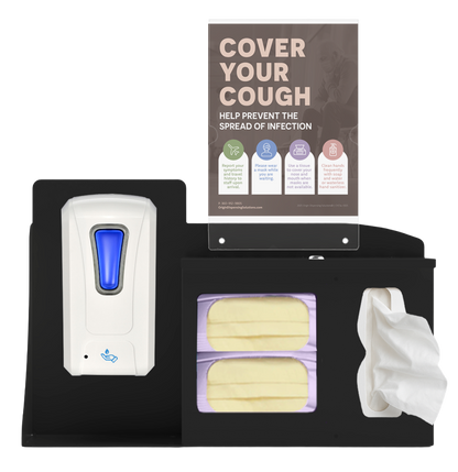 Respiratory Hygiene Station. Black Metal, Flu Station, 3 sections with a sign holder. Unit full, and front facing, showing one hand sanitizer dispenser, 2 boxes of earloop facemasks and one box of tissues. Sign holder holds a "Cover Your Cough" inside