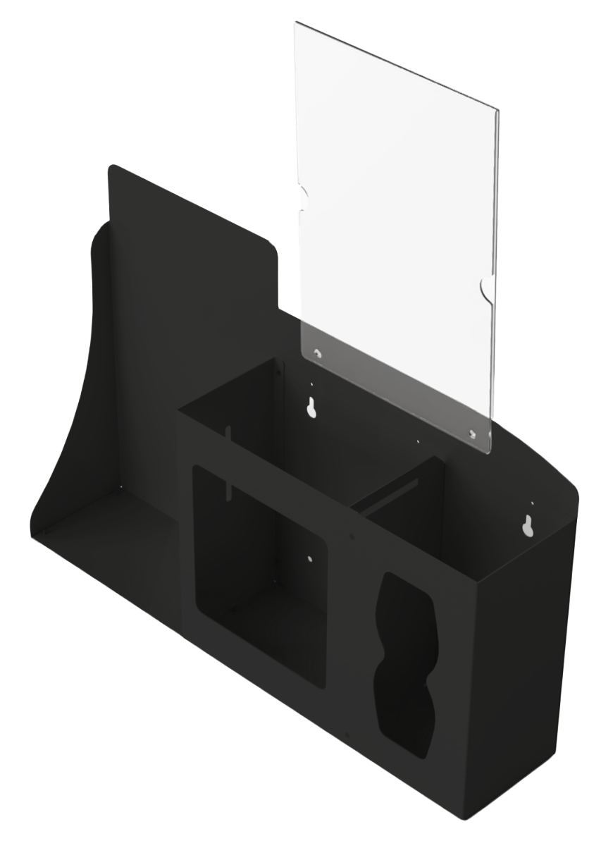 Respiratory Hygiene Station. Black Metal, Flu Station, 3 sections with a sign holder. Unit empty, and front facing slightly angled left. 