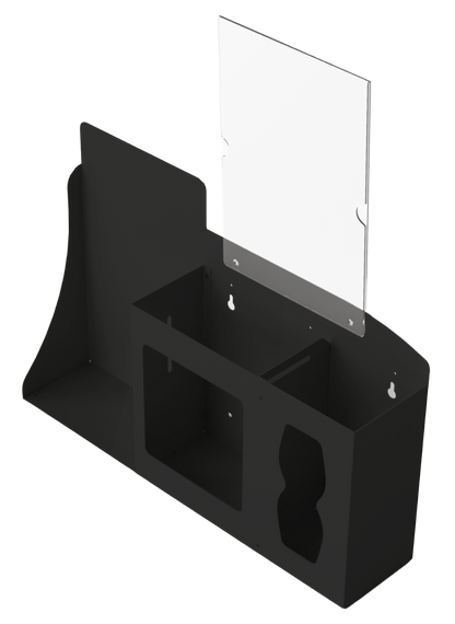 Respiratory Hygiene Station. Black Metal, Flu Station, 3 sections with a sign holder. Unit empty, and front facing slightly angled left. 