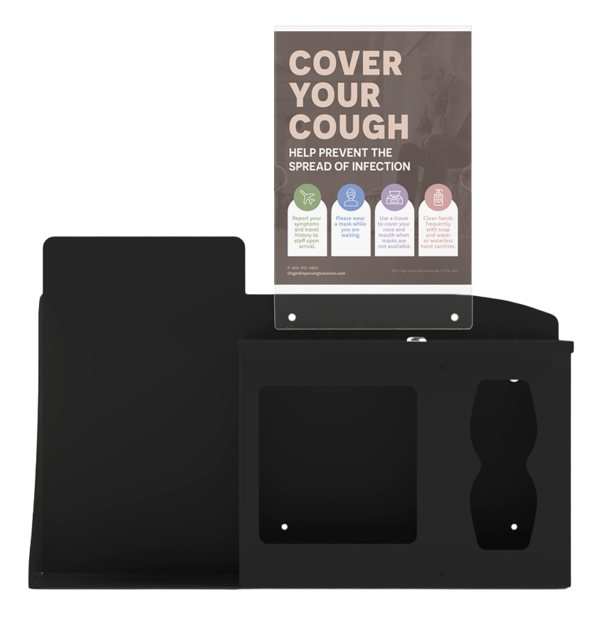 Respiratory Hygiene Station. Black Metal, Flu Station, 3 sections with a sign holder. Unit empty, and front facing. Sign Holder is the "Cover Your Cough" sign inside.