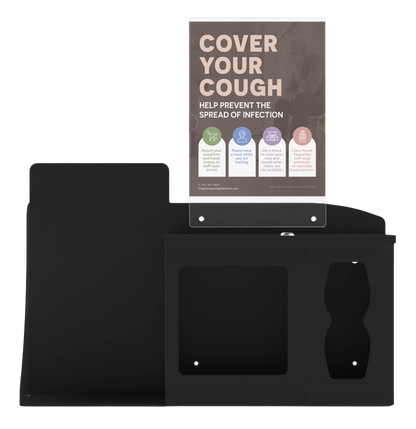 Respiratory Hygiene Station. Black Metal, Flu Station, 3 sections with a sign holder. Unit empty, and front facing. Sign Holder is the "Cover Your Cough" sign inside.