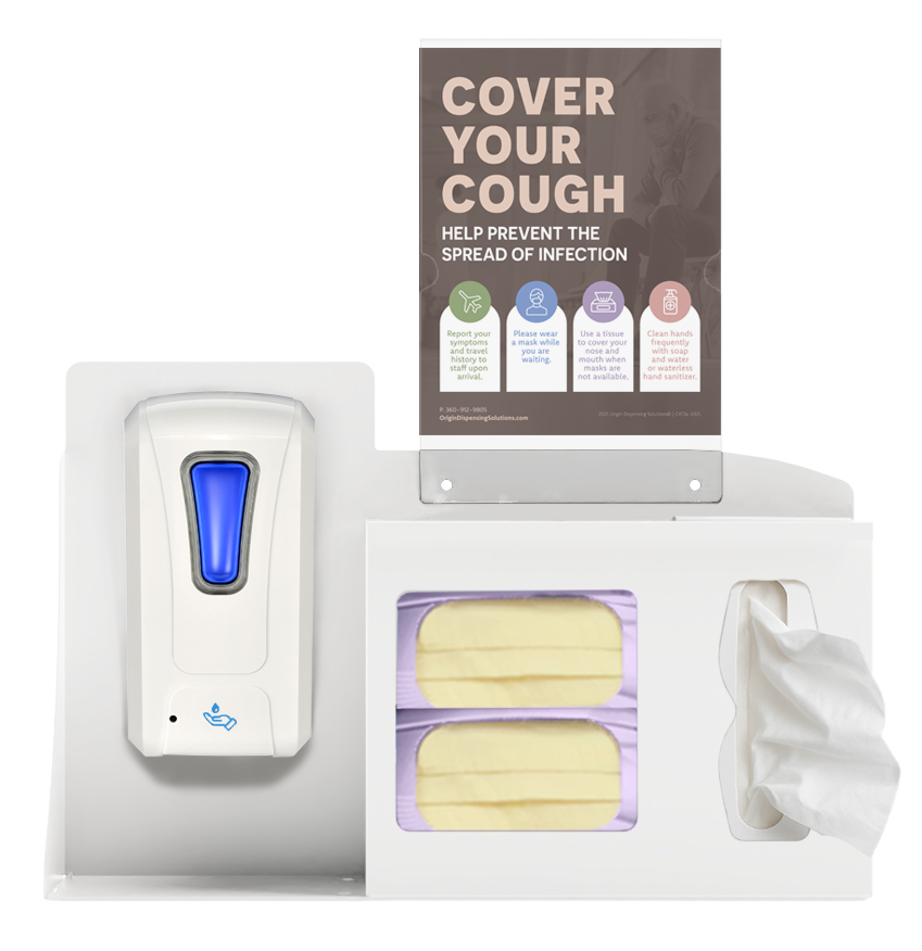 Respiratory Hygiene Station. White Metal, Flu Station, 3 sections with a sign holder. Unit full, and front facing, showing one hand sanitizer dispenser, 2 boxes of earloop facemasks and one box of tissues. Sign holder holds a "Cover Your Cough " sign inside.