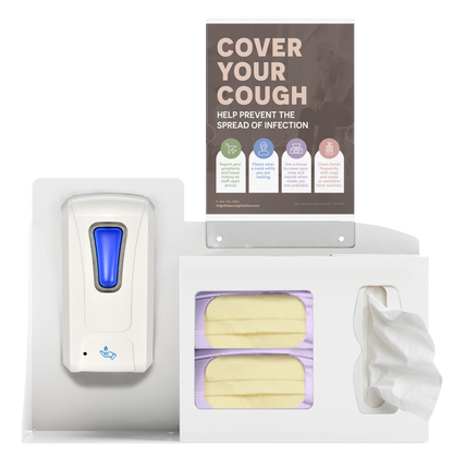 Respiratory Hygiene Station. White Metal, Flu Station, 3 sections with a sign holder. Unit full, and front facing, showing one hand sanitizer dispenser, 2 boxes of earloop facemasks and one box of tissues. Sign holder holds a "Cover Your Cough " sign inside.