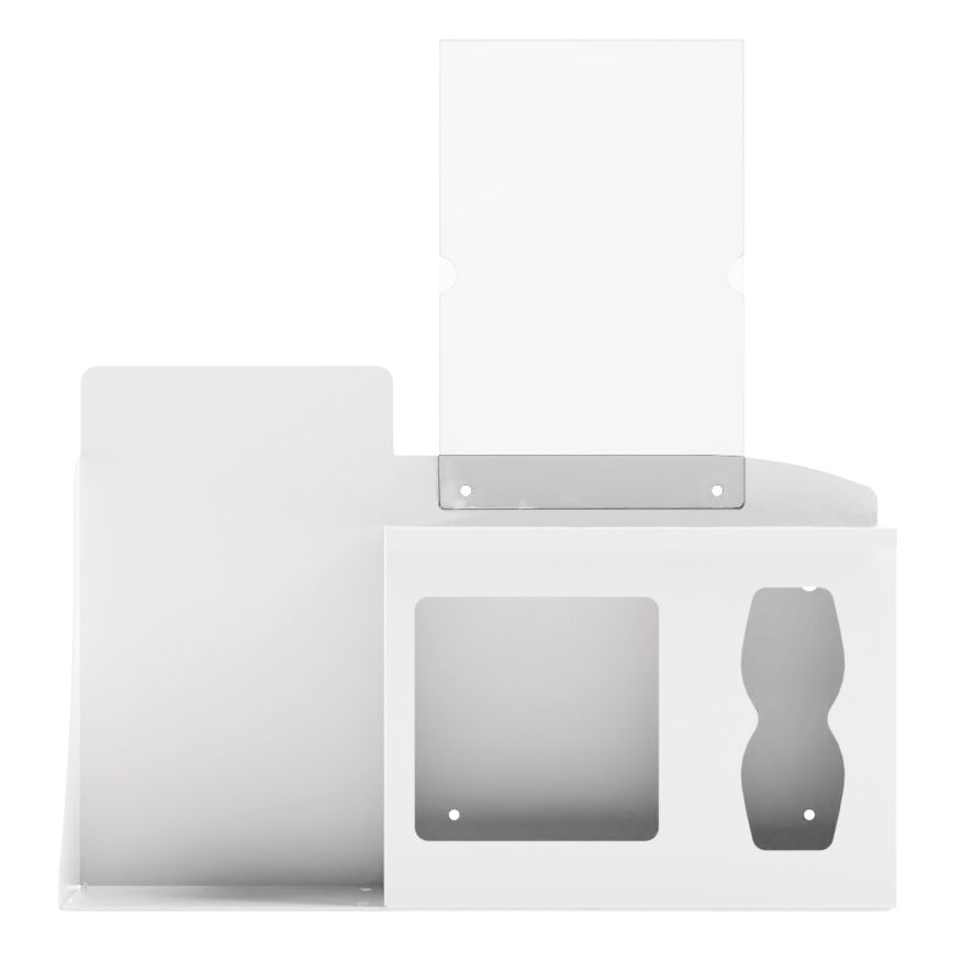 Respiratory Hygiene Station. White Metal, Flu Station, 3 sections with a sign holder. Unit empty, and front facing. 