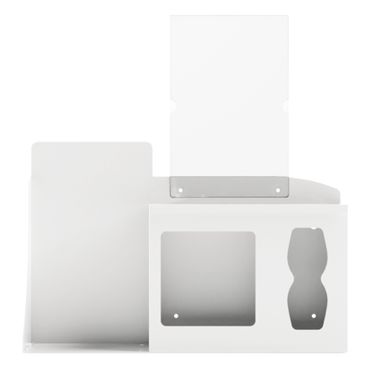 Respiratory Hygiene Station. White Metal, Flu Station, 3 sections with a sign holder. Unit empty, and front facing. 