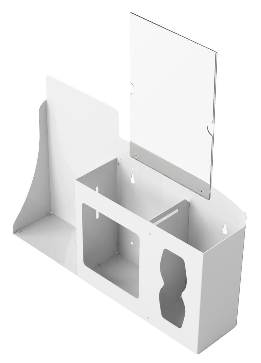 Respiratory Hygiene Station. White Metal, Flu Station, 3 sections with a sign holder. Unit empty. Front facing slightly left.  Sign holder empty.  