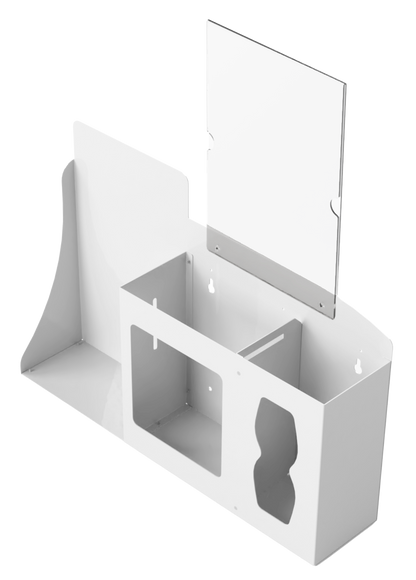 Respiratory Hygiene Station. White Metal, Flu Station, 3 sections with a sign holder. Unit empty. Front facing slightly left.  Sign holder empty.  