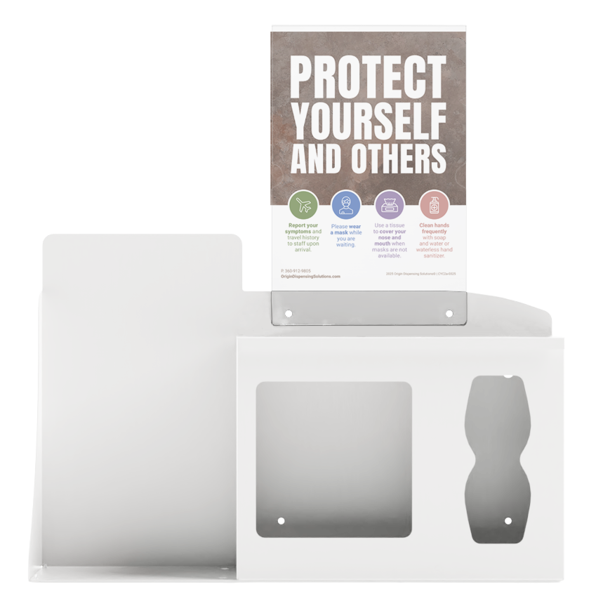 Respiratory Hygiene Station. White Metal, Flu Station, 3 sections with a sign holder. Unit empty. Front facing. Sign holder with a "PROTECT YOURSELF AND OTHERS" sign inside.