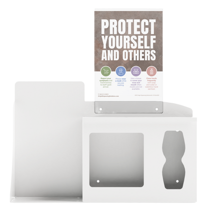 Respiratory Hygiene Station. White Metal, Flu Station, 3 sections with a sign holder. Unit empty. Front facing. Sign holder with a "PROTECT YOURSELF AND OTHERS" sign inside.
