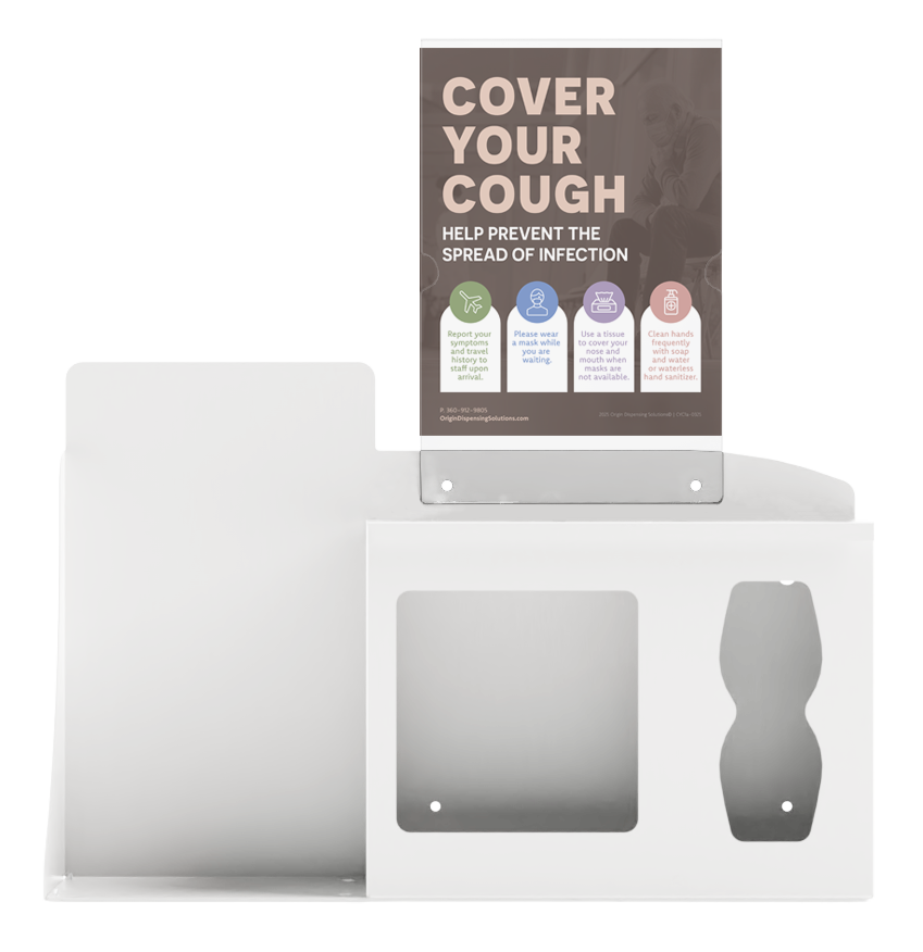 Respiratory Hygiene Station. White Metal, Flu Station, 3 sections with a sign holder. Unit empty. Front facing.  Sign holder in place, showing a "Cover Your Cough" sign inside.

