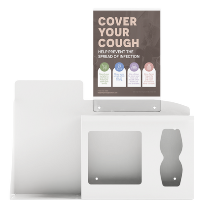Respiratory Hygiene Station. White Metal, Flu Station, 3 sections with a sign holder. Unit empty. Front facing.  Sign holder in place, showing a "Cover Your Cough" sign inside.

