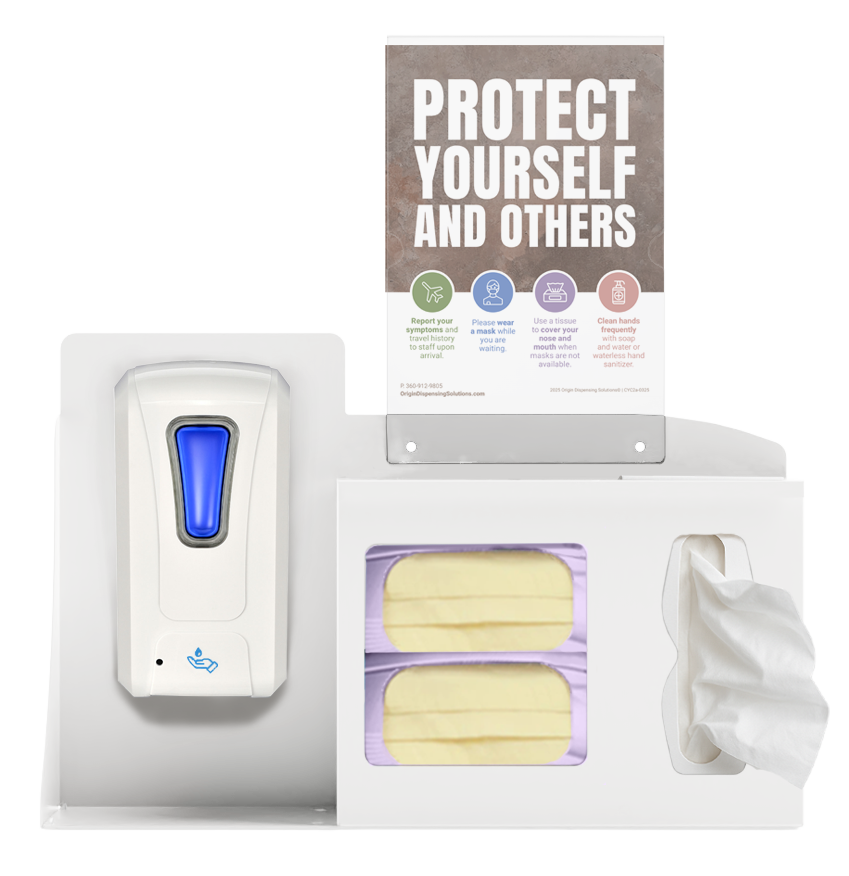 Respiratory Hygiene Station. White Metal, Flu Station, 3 sections with a sign holder. Unit full, and front facing, showing one hand sanitizer dispenser, 2 boxes of earloop facemasks and one box of tissues. Sign holder holds a "Protect yourself and others" inside.