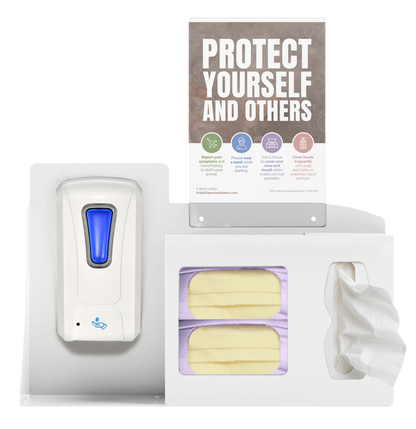 Respiratory Hygiene Station. White Metal, Flu Station, 3 sections with a sign holder. Unit full, and front facing, showing one hand sanitizer dispenser, 2 boxes of earloop facemasks and one box of tissues. Sign holder holds a "Protect yourself and others" inside.