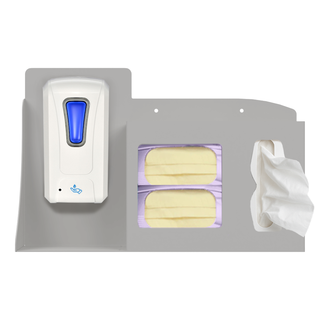 Respiratory Hygiene Station. Beige ABS plastic Flu Station. 3 sections. Unit is full with one automatic hand sanitizer dispenser, 2 boxes of yellow earloop face masks, and tissues. Unit is front facing.