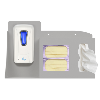Respiratory Hygiene Station. Beige ABS plastic Flu Station. 3 sections. Unit is full with one automatic hand sanitizer dispenser, 2 boxes of yellow earloop face masks, and tissues. Unit is front facing.