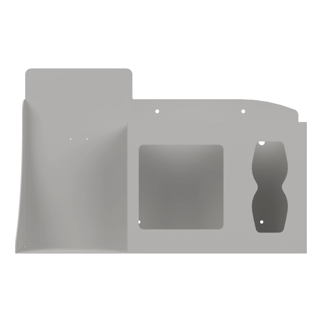 Respiratory Hygiene Station. Beige ABS plastic Flu Station. 3 sections to accommodate automatic hand sanitizer dispenser, earloop face masks, and tissues. Unit empty, and front facing.