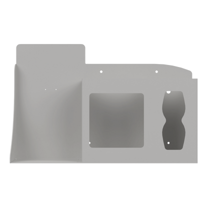 Respiratory Hygiene Station. Beige ABS plastic Flu Station. 3 sections to accommodate automatic hand sanitizer dispenser, earloop face masks, and tissues. Unit empty, and front facing.