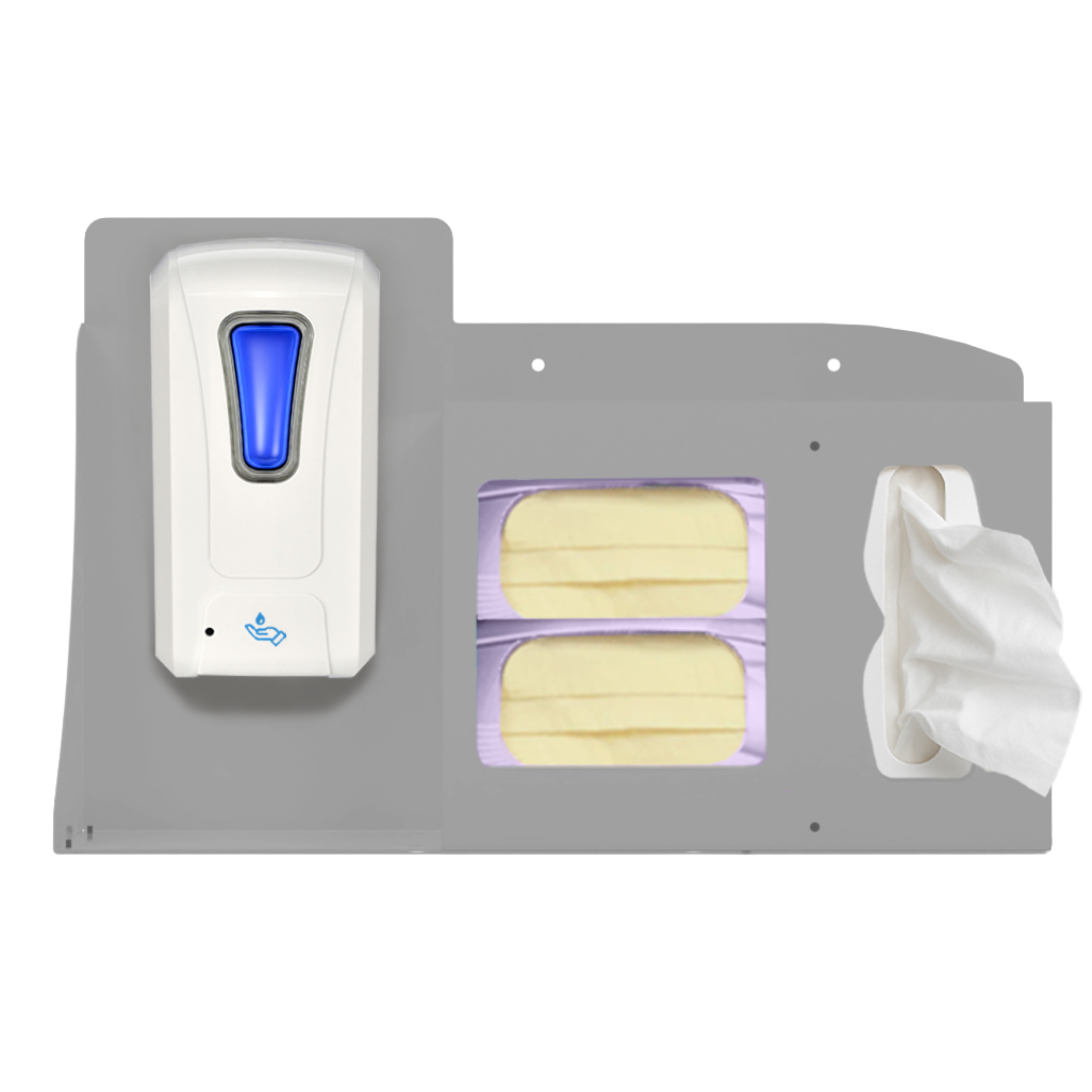 Respiratory Hygiene Station, Beige Metal, Flu Station, 3 sections filled left to right with a hand sanitizer dispenser, boxes of face masks and tissues. Front facing view.
