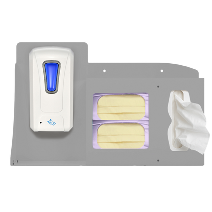 Respiratory Hygiene Station, Beige Metal, Flu Station, 3 sections filled left to right with a hand sanitizer dispenser, boxes of face masks and tissues. Front facing view.