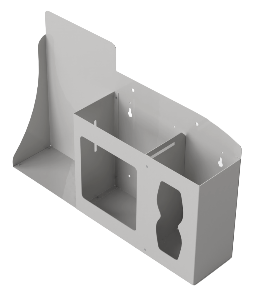Respiratory Hygiene Station, Beige Metal, Flu Station, 3 sections for a hand sanitizer dispenser, boxes of face masks and tissues. Unit empty. Front facing slightly left angled.