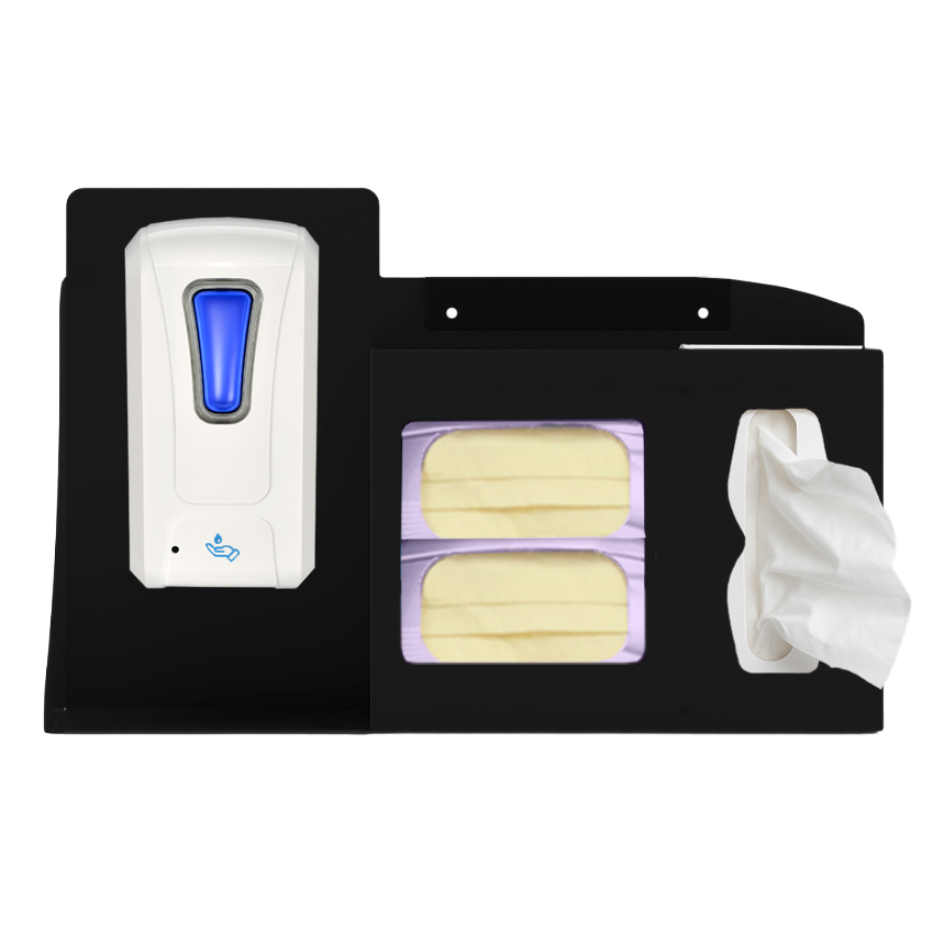 Black Metal, Flu Station, 3 sections. Unit full, and front facing, showing one hand sanitizer dispenser, 2 boxes of earloop facemasks and one box of tissues. 