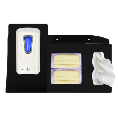 Black Metal, Flu Station, 3 sections. Unit full, and front facing, showing one hand sanitizer dispenser, 2 boxes of earloop facemasks and one box of tissues. 