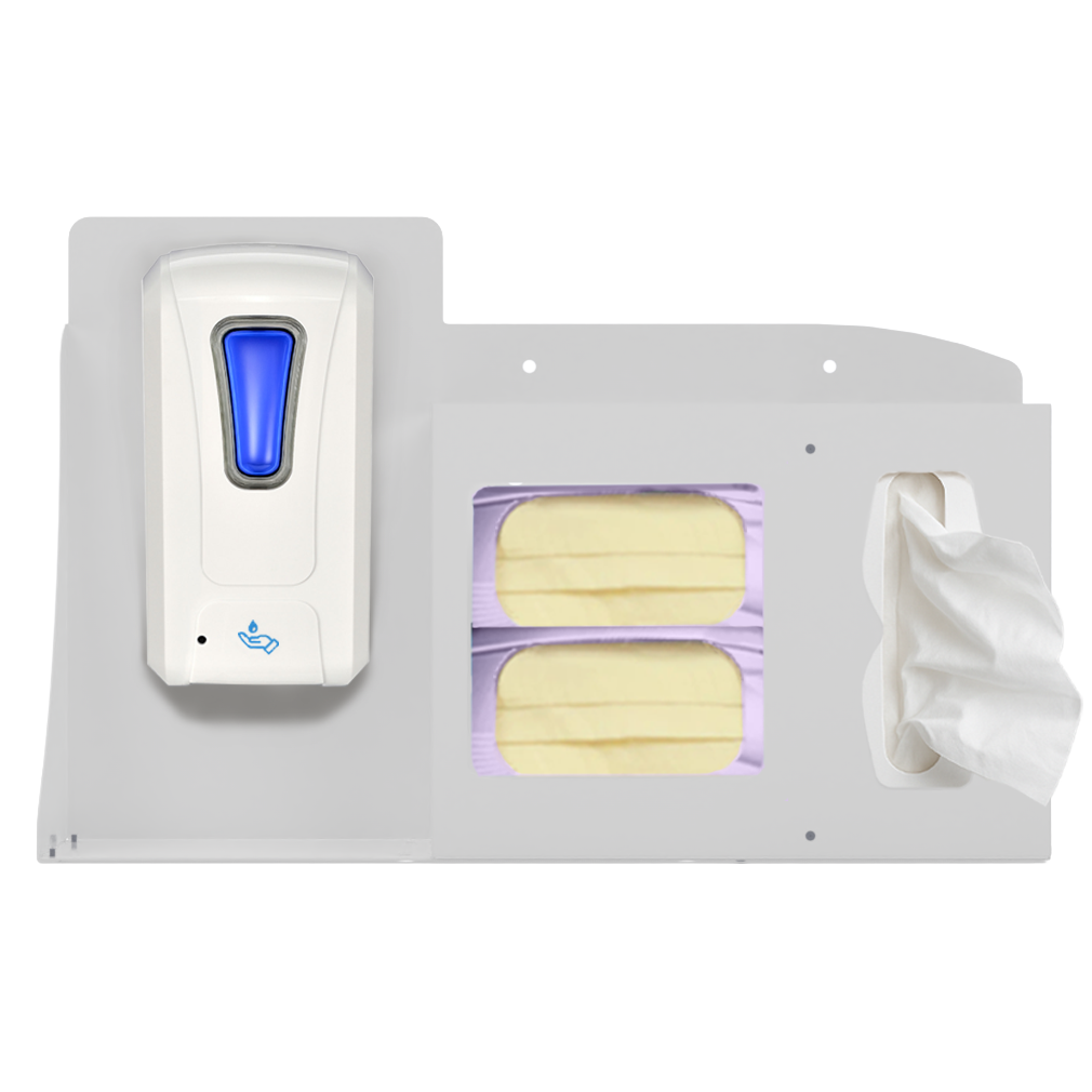 White, Metal, 3 compartment, Flu Station. Empty. Filled from left to right with an automatic hand sanitizer dispenser, 2 boxes of face masks and tissues. front facing