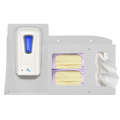 White, Metal, 3 compartment, Flu Station. Empty. Filled from left to right with an automatic hand sanitizer dispenser, 2 boxes of face masks and tissues. front facing