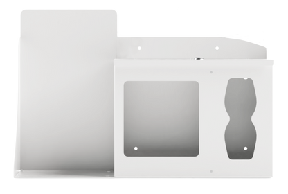 White, Metal, 3 compartment, Flu Station. Empty. spots for hand sanitizer, masks and tissues. front facing