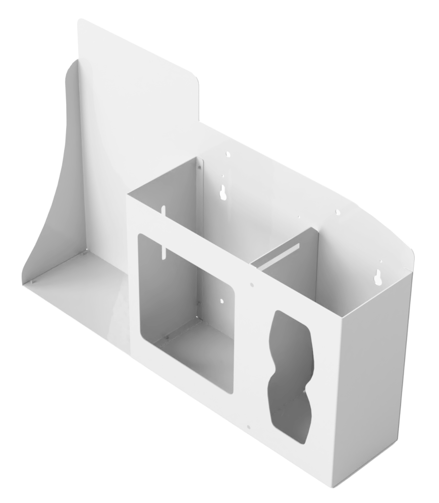 White, Metal, 3 compartment, Flu Station. Empty. spots for hand sanitizer, masks and tissues. front facing slightly left angled.