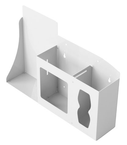 White, Metal, 3 compartment, Flu Station. Empty. spots for hand sanitizer, masks and tissues. front facing slightly left angled.