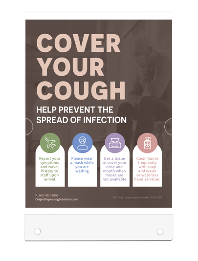 CLEAR flat plastic sign holder with poster inside. Poster with 'Cover Your Cough' message and preventive guidelines on a dark background