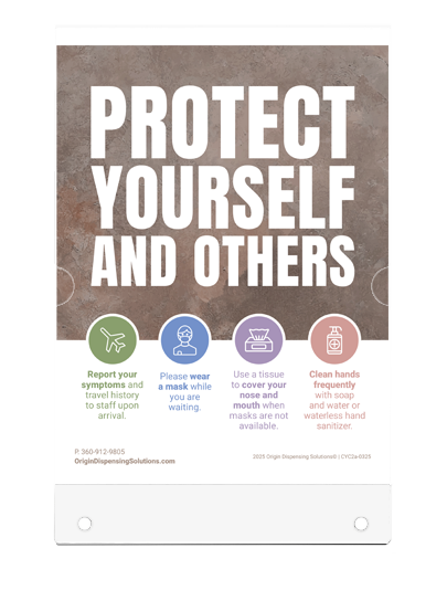CLEAR flat plastic sign holder with poster inside. Poster with 'Protect Yourself and Others message and preventive guidelines on a dark background