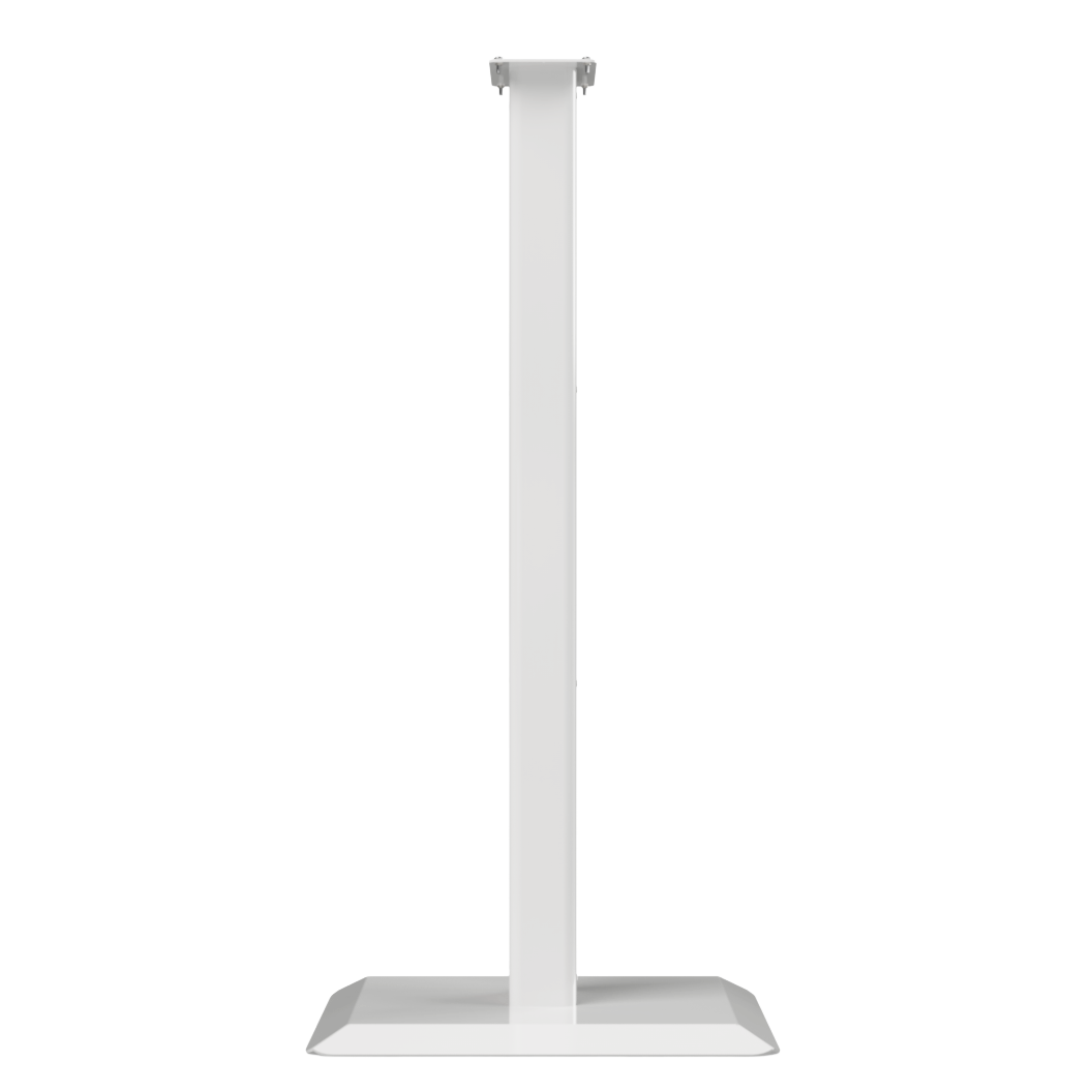 White, steel, floor stand with base and column, side view.