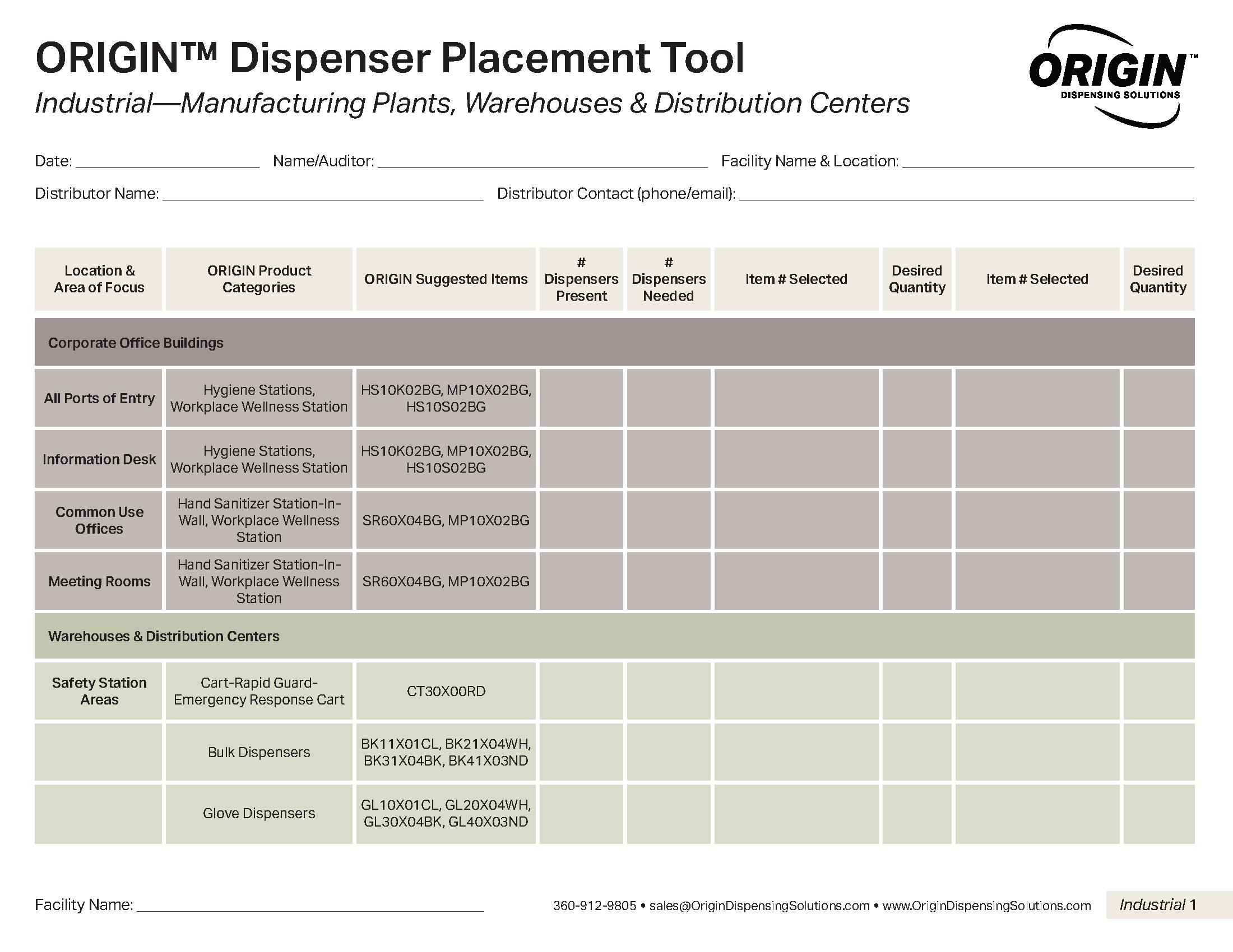 Origin Dispenser Placement Tool for industrial and manufacturing facilities