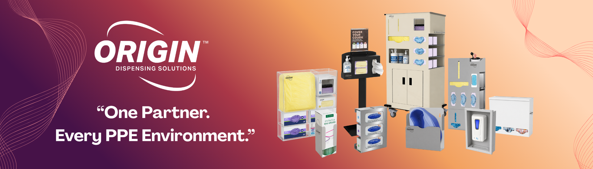 Image of Dispenser family of products, carts, glove dispensers, bedpan dispensers and more. "One Partner. Every Every PPE Environment"