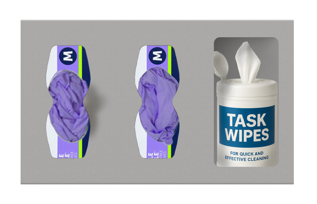Front view, Beige ABS Dispenser with 3 compartments, 2 holding purple gloves in a box and one holding a canister of task wipes