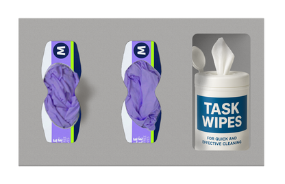 Front view, Beige ABS Dispenser with 3 compartments, 2 holding purple gloves in a box and one holding a canister of task wipes