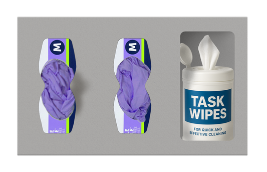 Front view, Beige ABS Dispenser with 3 compartments, 2 holding purple gloves in a box and one holding a canister of task wipes