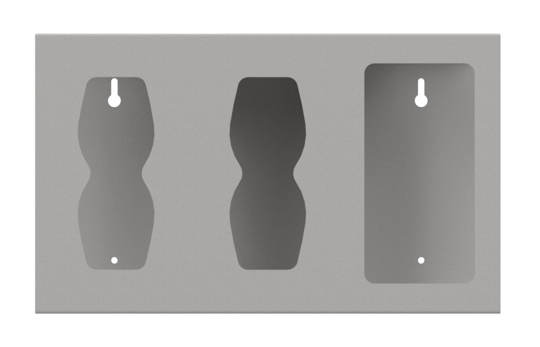 Front view, Beige ABS Dispenser with 3 compartments, empty. mounting holes are in view. 