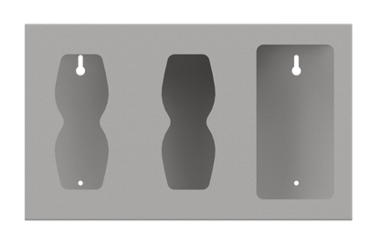 Front view, Beige ABS Dispenser with 3 compartments, empty. mounting holes are in view. 