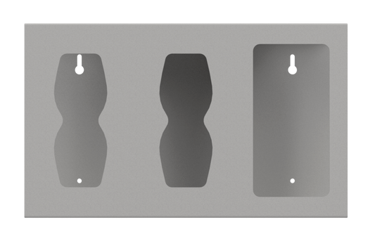 Front view, Beige ABS Dispenser with 3 compartments, empty. mounting holes are in view. 