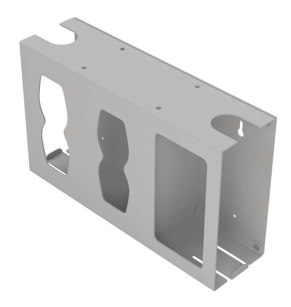 Front view, slightly angled, Beige ABS Dispenser with 3 compartments, empty. mounting holes are in view. 